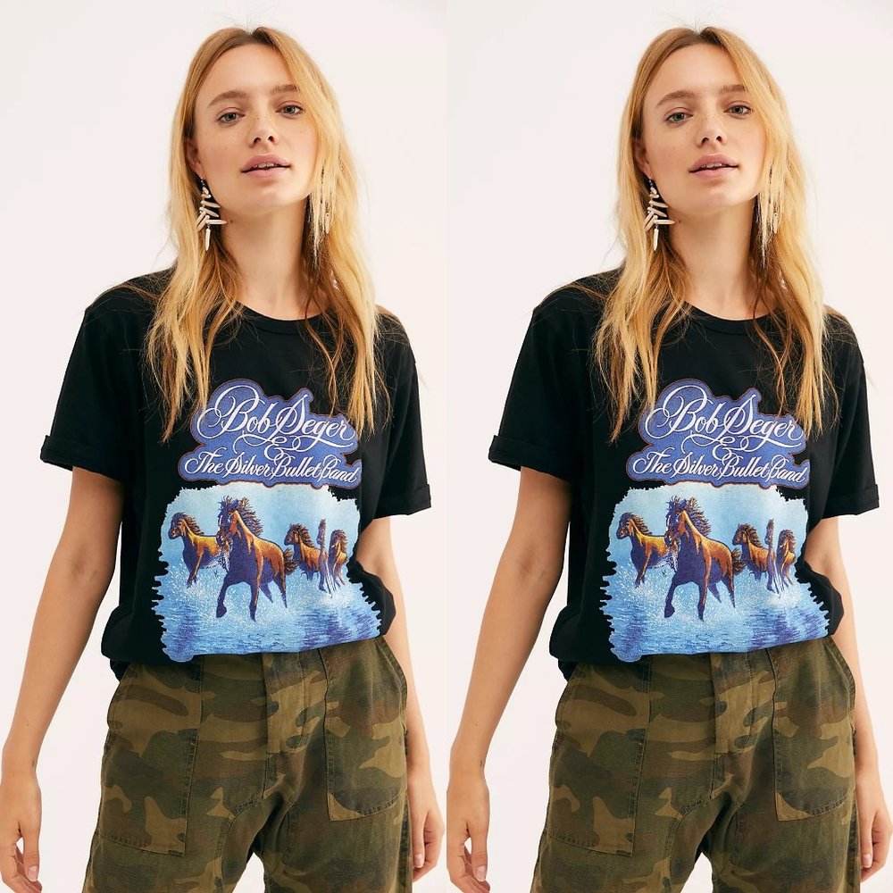 NEW FREE PEOPLE BOB SEGER HORSES BLACK TEE SZ M L - Picture 1 of 9